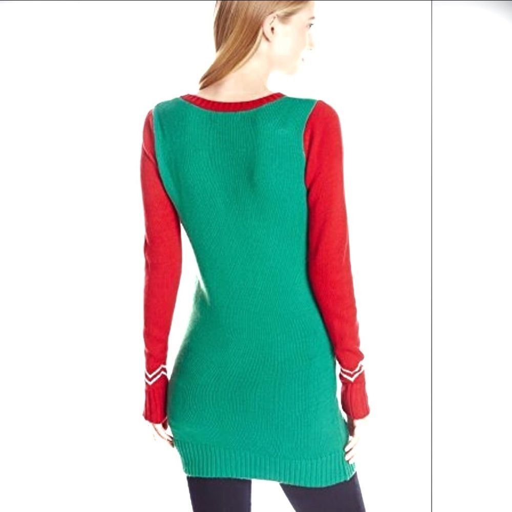 Ugly Christmas Penguin Sweater Tunic Red Green Knit Tie Neck Large Holiday - Picture 3 of 6